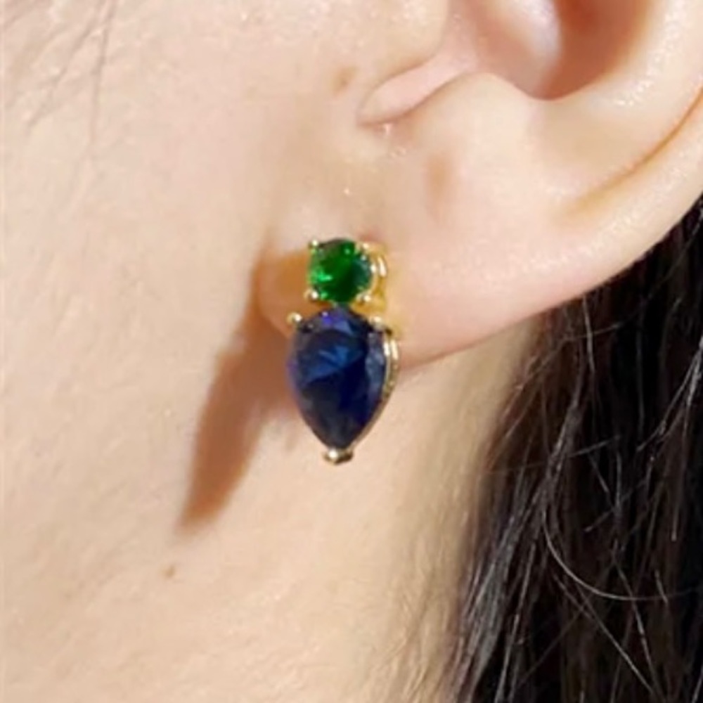 NEW Green & Blue Crystal CZ Goldtone Teardrop Stud Earrings - Picture 13 of 15